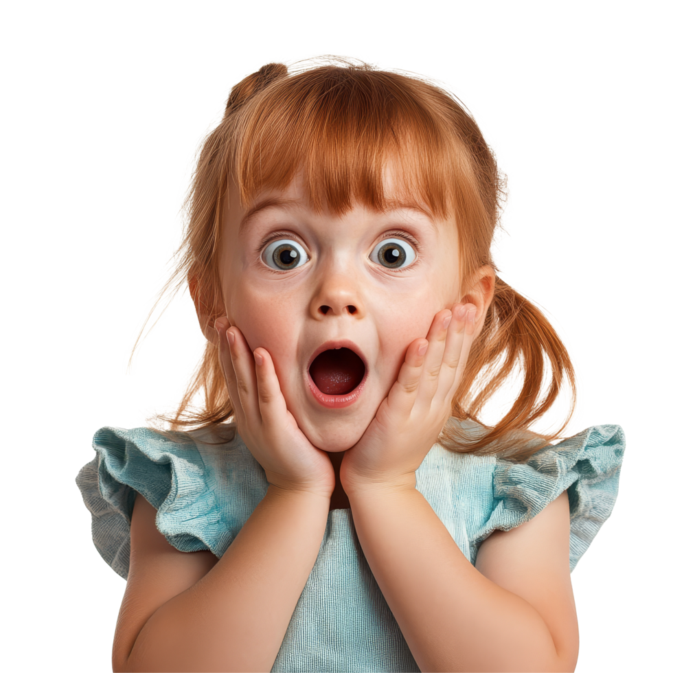 Surprised and joyful girl expressing excitement with wide eyes and open mouth in a playful setting, surprised joyful girl kid, file of isolated object on transparent background png