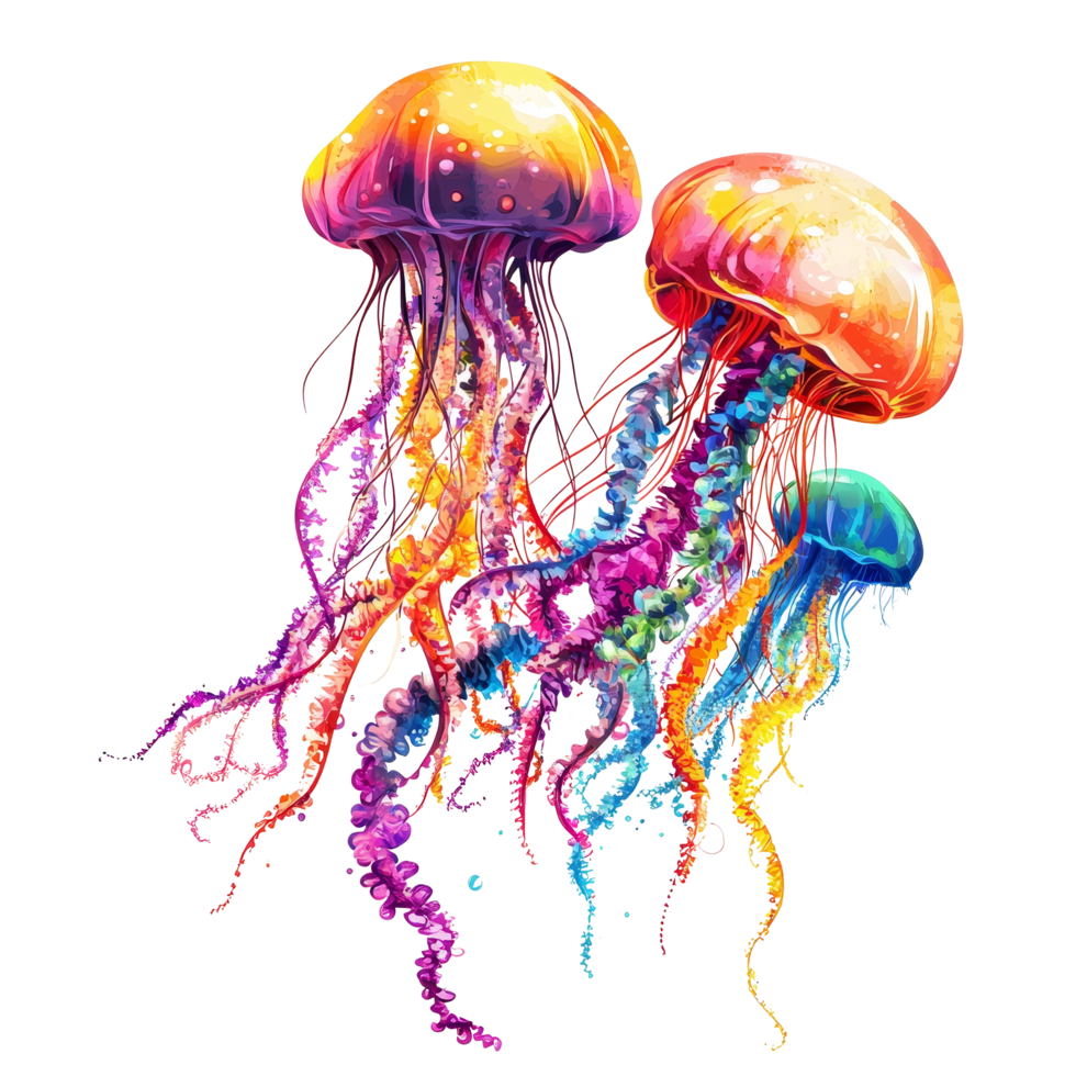 Colorful jellyfish glide on a bright transparent background, displaying vibrant hues and delicate tentacles in this captivating scene, Colorful Jellyfish on transparent background png