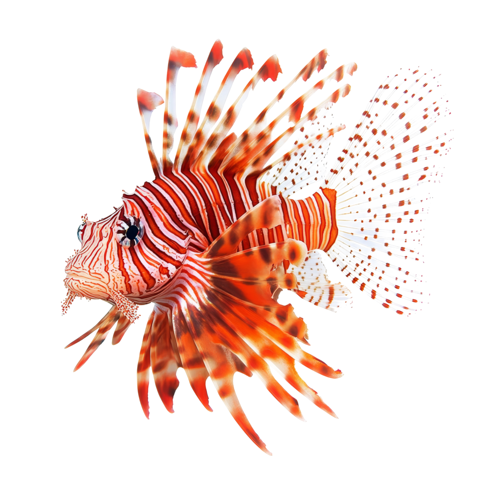 Vibrant red lionfish with intricate fins on a transparent background, a red lionfish isolated on transparent background png