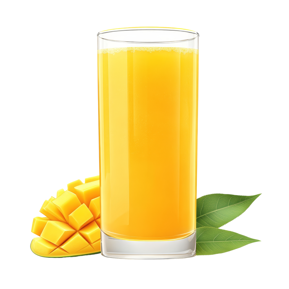 Refreshing mango juice in a tall glass alongside fresh mango slices on a simple transparent background, mango juice in a glass on transparent background png
