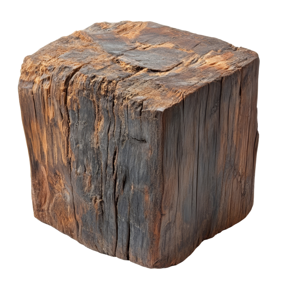 This old wood block, displaying extensive rot and texture, stands alone against a pristine transparent backdrop, old rotten wood block isolated on transparent background png