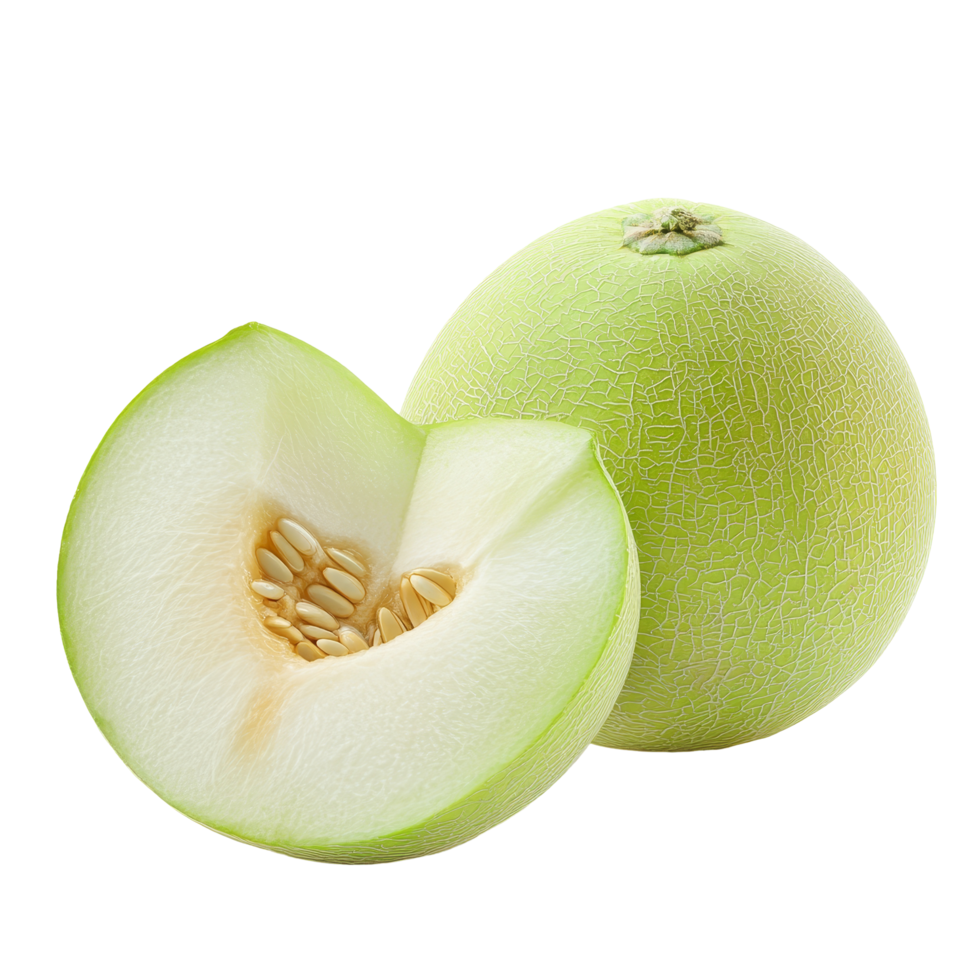 Fresh apple melon on a transparent background showcasing its green skin and ripe interior, Apple melon isolated on transparent background png