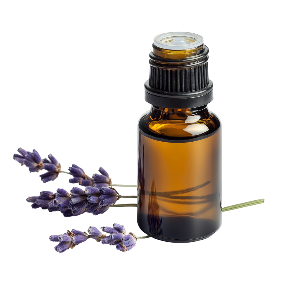 Lavender essential oil bottle with fresh lavender sprigs isolated on transparent background, Bottle of essential oil isolated on transparent background png