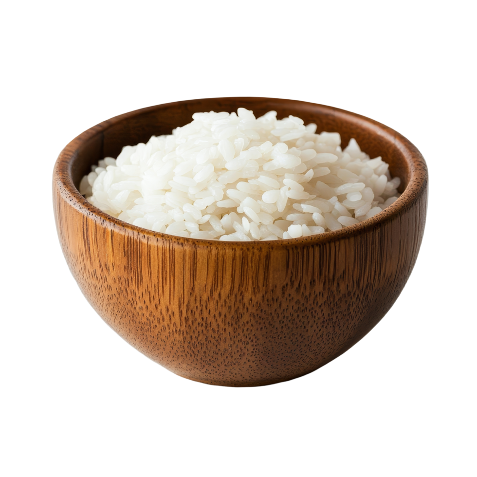 Freshly cooked rice presented in a handcrafted wooden bowl against a clean transparent background, Rice in wood bowl on transparent background png