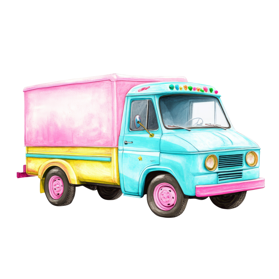 Colorful ice cream truck with bright pink and blue colors set against a clean transparent background, delivering joy in a cheerful summer atmosphere, Colored Ice Cream Truck on transparent background png