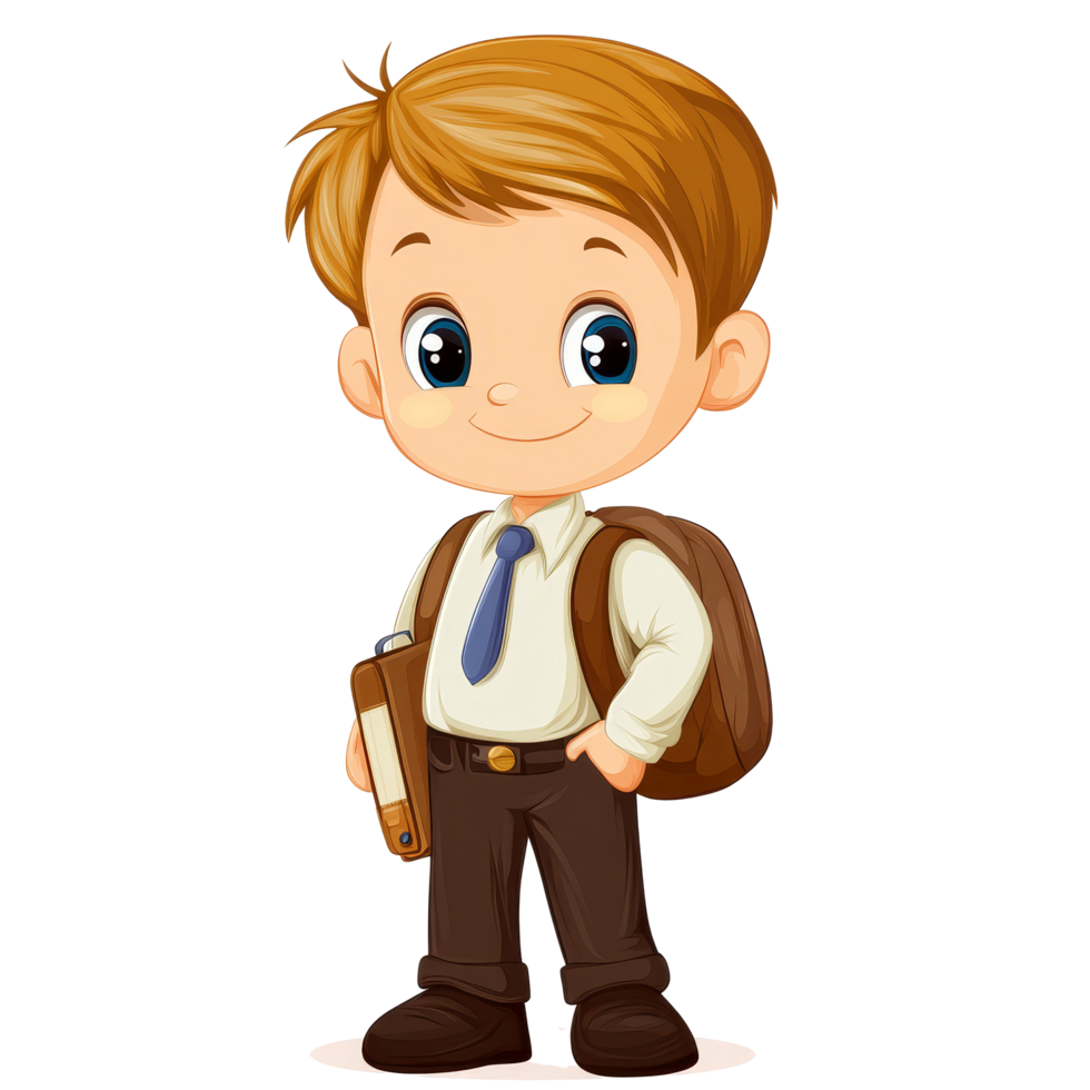 Cheerful little school boy with backpack and notebook ready for classroom adventures, little school boy illustrationisolated on transparent background png