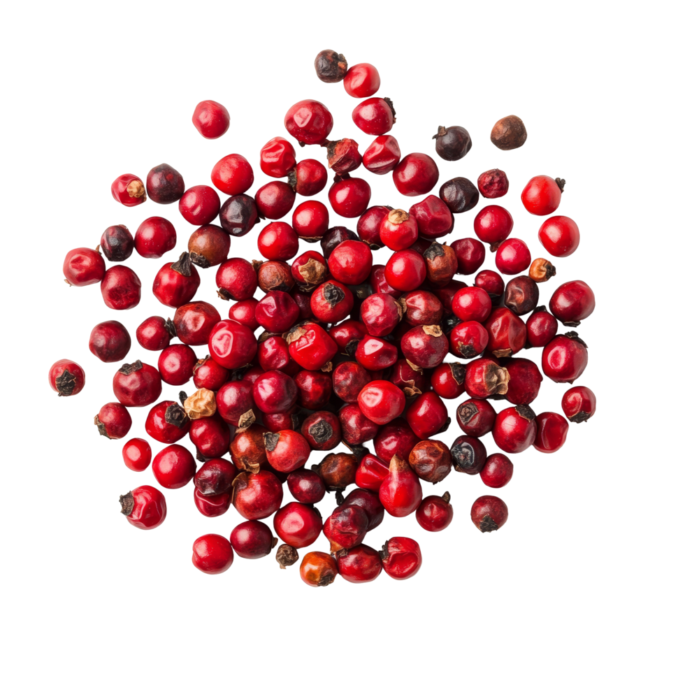 Red peppercorns scattered on a transparent background showcasing their vibrant color and unique texture, Red peppercorn isolated on transparent background png