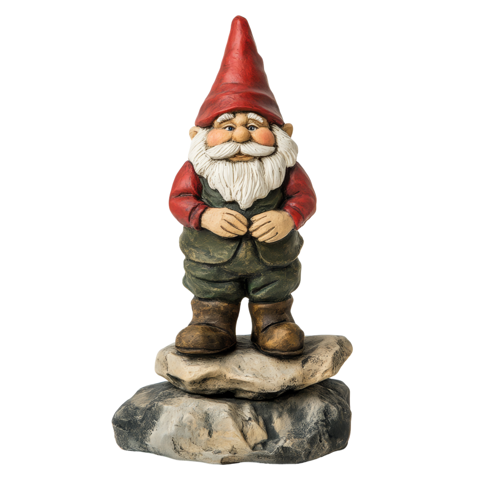 Whimsical gnome figure standing proudly on a rocky pedestal in a playful indoor display setting, Whimsical Gnome Figure Standing on Rocky Pedestal on transparent background png
