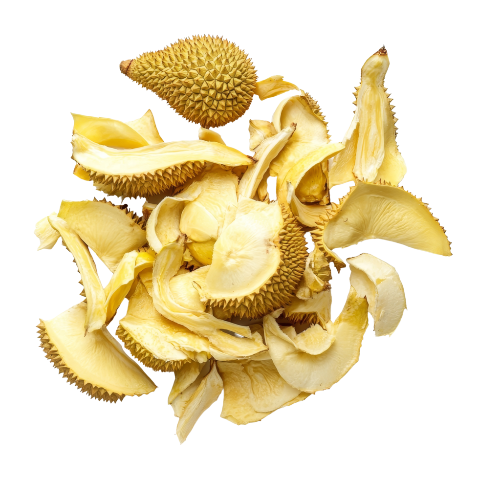 Durian peels piled on a transparent background, showcasing their unique texture and pale color, emphasizing their natural form, durian peels isolated on transparent background png