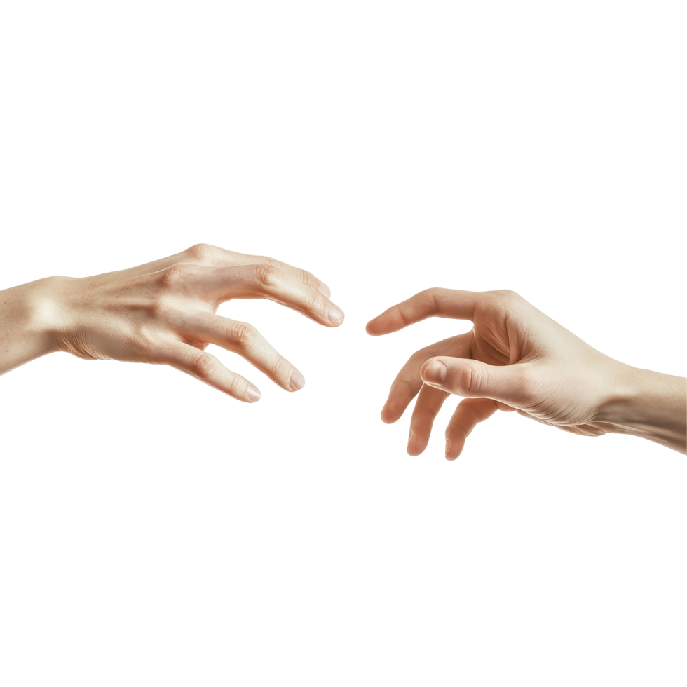 Female hands reaching towards each other in a peaceful moment of connection and communication, file no background Female hands reaching each other png
