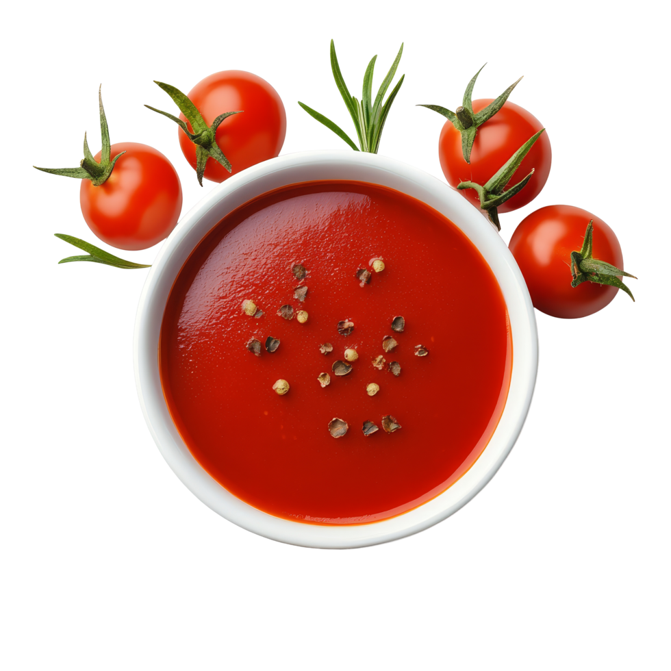 Fresh tomato sauce in a transparent bowl with ripe tomatoes and herbs on a pristine transparent background, tomato sauce isolated on transparent background png