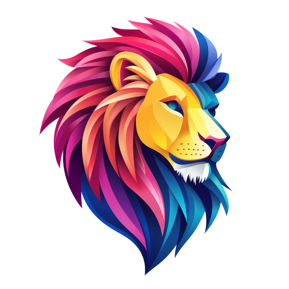 A vibrant illustrated lion head logo showcasing rich colors and unique design against a clean transparent background, Colorful 3D Illustrated Lion Head Logo on transparent background png