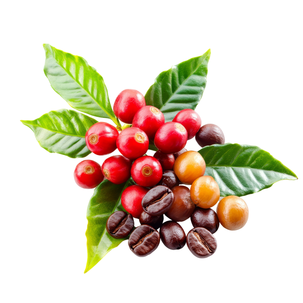 Ripe and unripe coffee berries with green leaves displayed on a clear background highlighting their natural colors, coffee beans ripe and unripe berries isolated on transparent background png