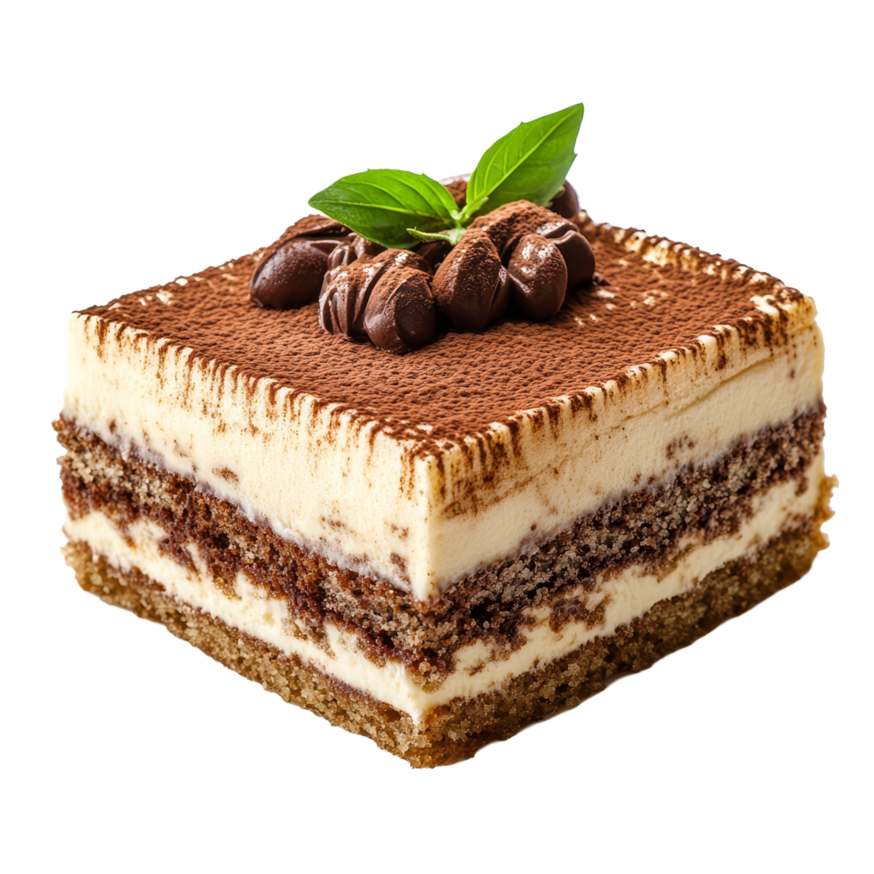 Indulgent tiramisu cake square slice on a clean transparent background perfect for dessert lovers at any occasion, Tiramisu cake square slice isolated on transparent background png