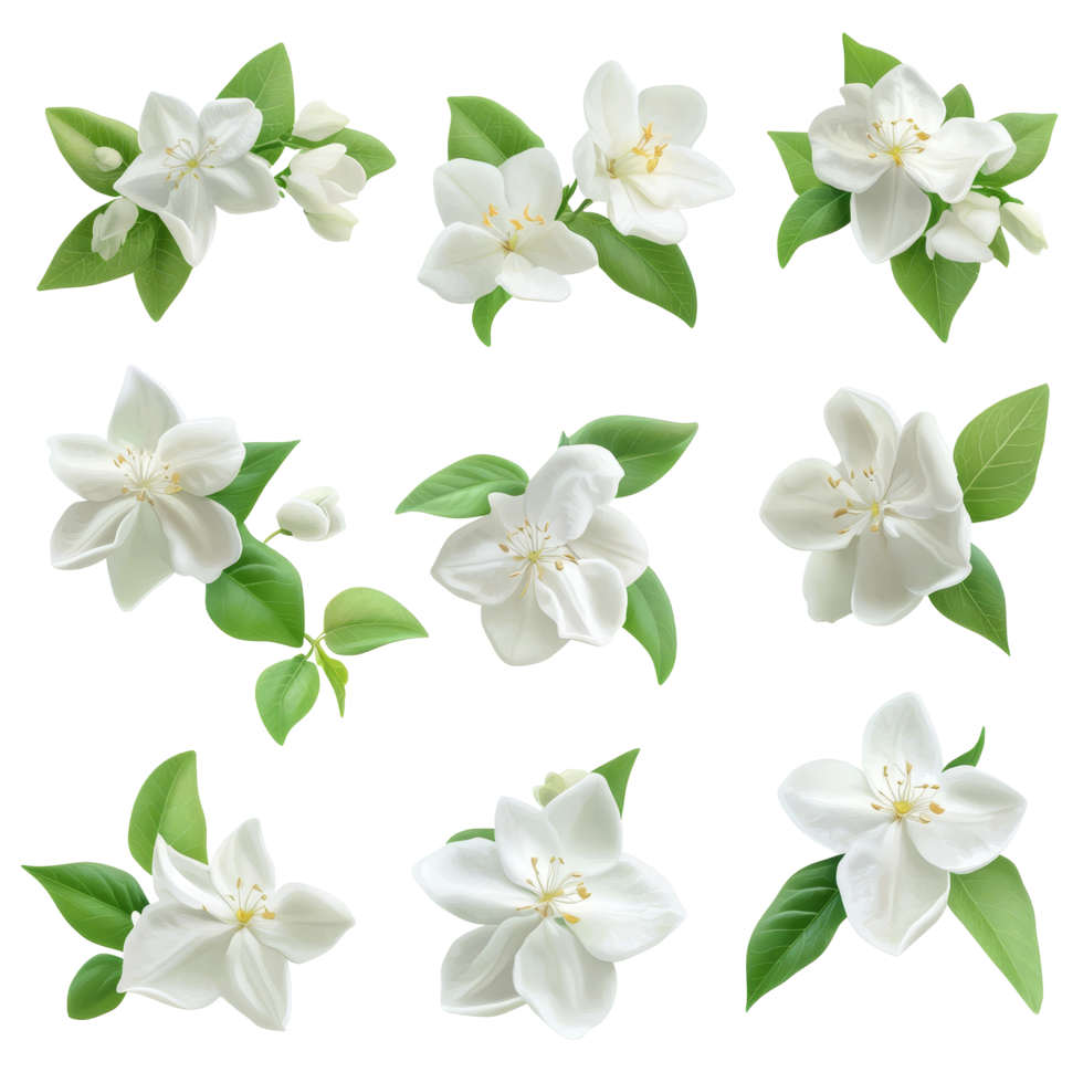 A beautiful collection of jasmine flowers arranged artfully against a transparent background showcasing their delicate petals and vibrant green leaves, jasmine flowers isolated on transparent png