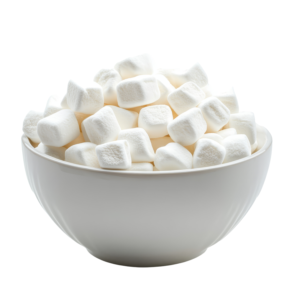 A bowl filled with fluffy transparent marshmallows perfect for desserts or snacks against a clean transparent background, transparent marshmallows in transparent bowl isolated on transparent png