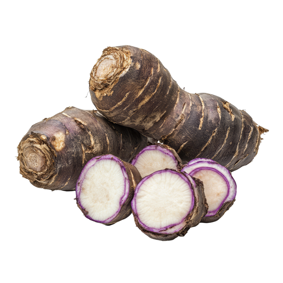 Taro root displayed on a transparent background, showcasing its unique texture and vibrant inner color, taro root on transparent background png