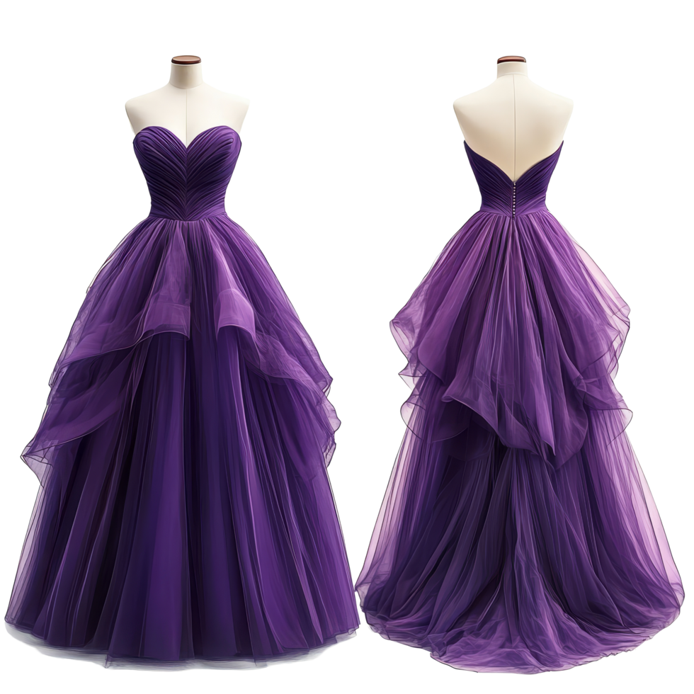Elegant purple gown mockup showcasing full skirt design on dress form in a sophisticated studio setting, Elegant Purple Gown with Full Skirt Mockup from Front and Back Views on transparent background png