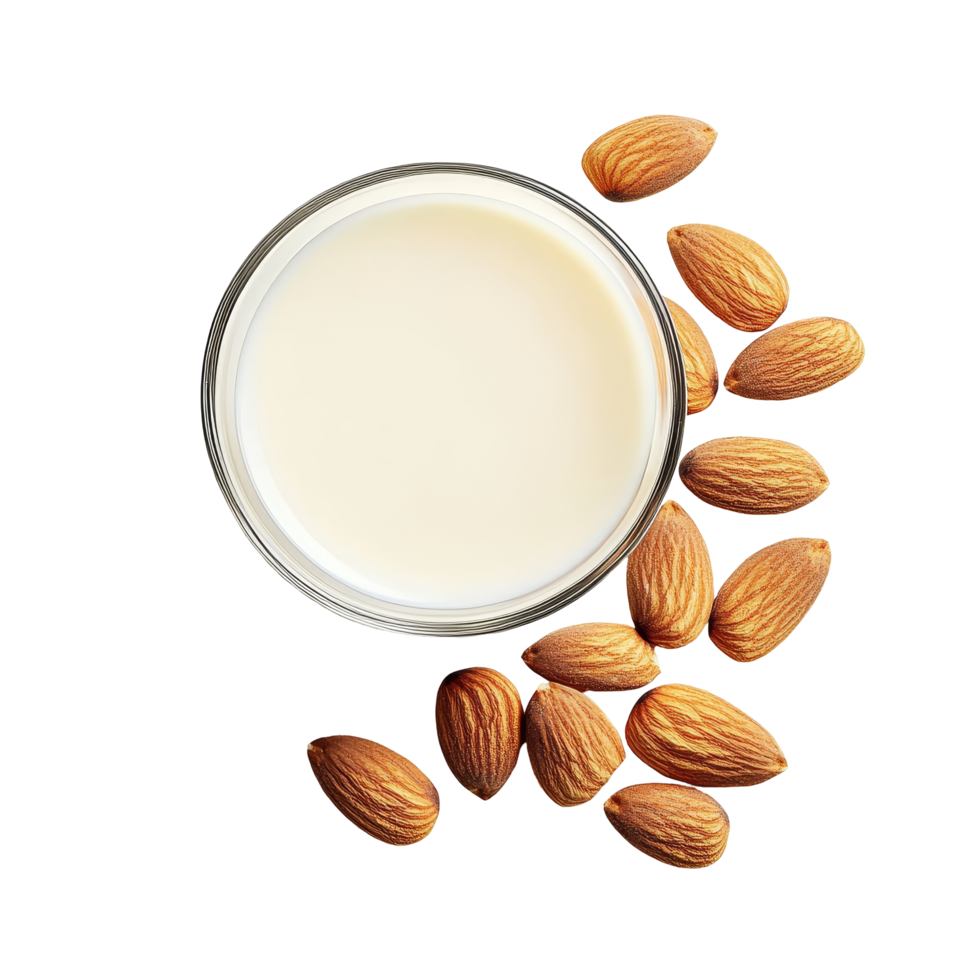 Refreshing glass of almond milk with raw almonds placed on a clean transparent background in natural light, Glass of almond milk with raw almonds over transparent background flat lay png