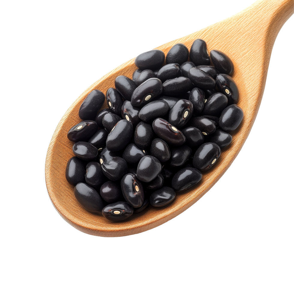 Black beans in a wooden spoon isolated on a transparent background for culinary use and decoration, black beans in wood spoon isolated on transparent background png