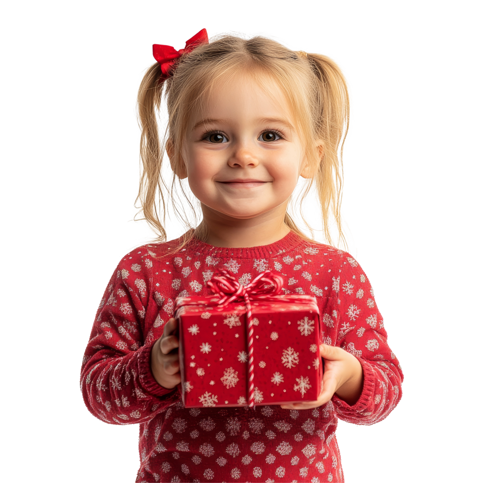Joyful little girl in a festive sweater holding a Christmas present against a bright transparent background, Happy Little Girl with Christmas Present on transparent background png
