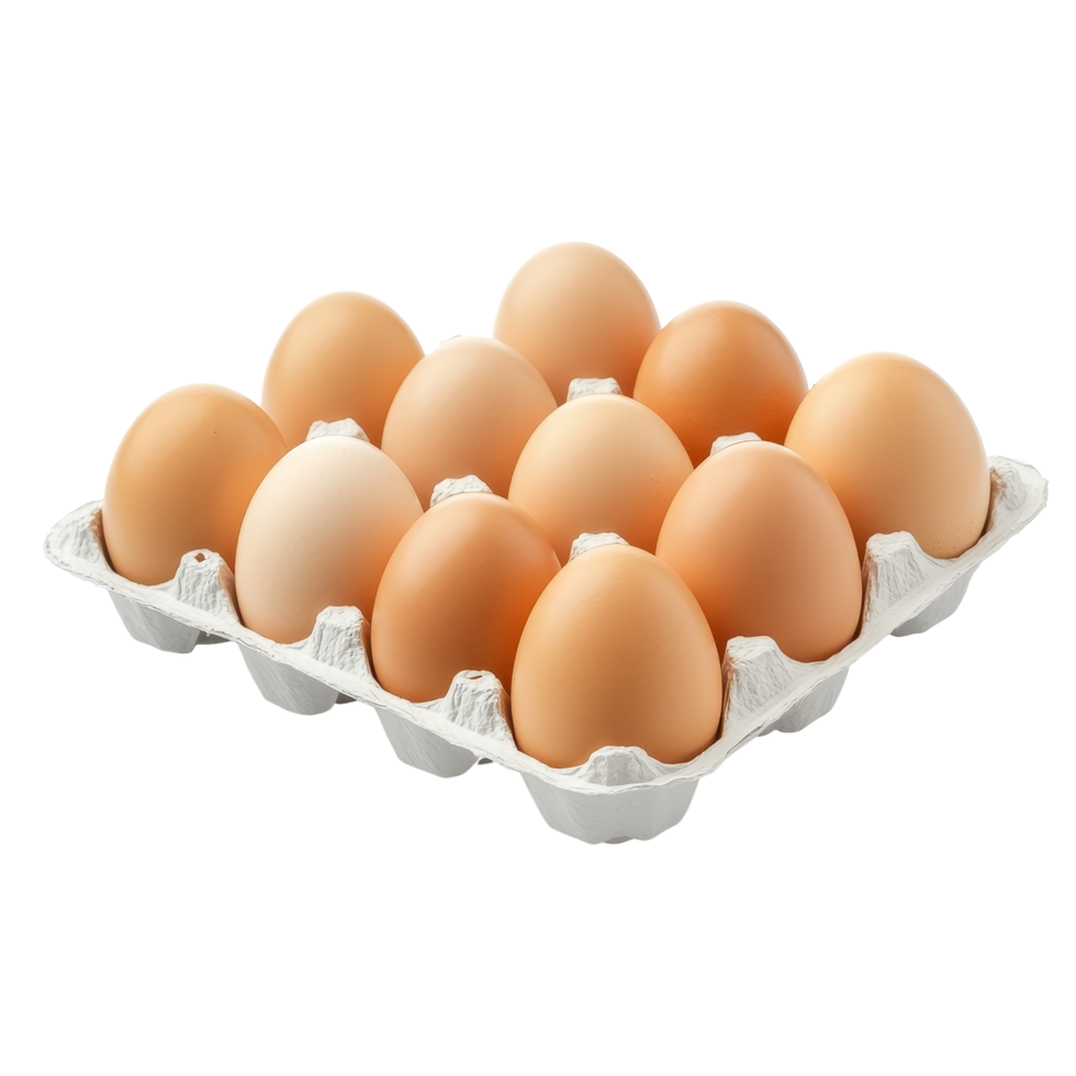 Twelve fresh eggs in a carton isolated on a transparent background ready for cooking or baking, eggs in pack isolated on transparent background png