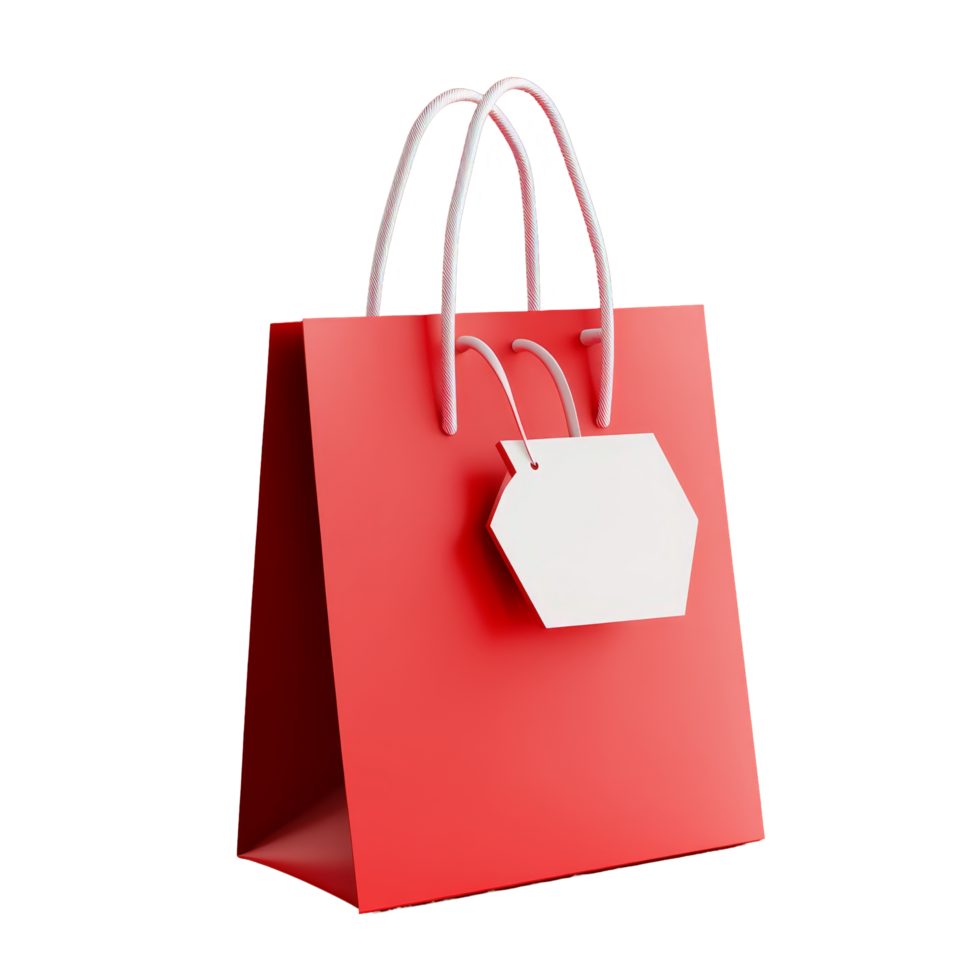 Bright red shopping bag featuring a sales discount tag ideal for promotional events, online stores, or retail discounts, Sales discount icon pop out from shopping bag png
