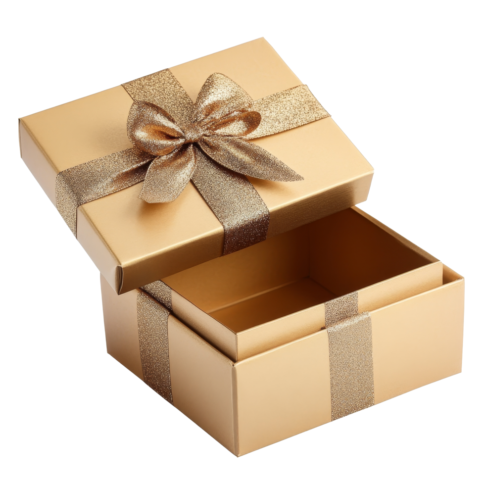 Elegant gold open gift box with ribbon displaying thoughtful gifting options for any celebration, Gold open gift box with ribbon isolated png