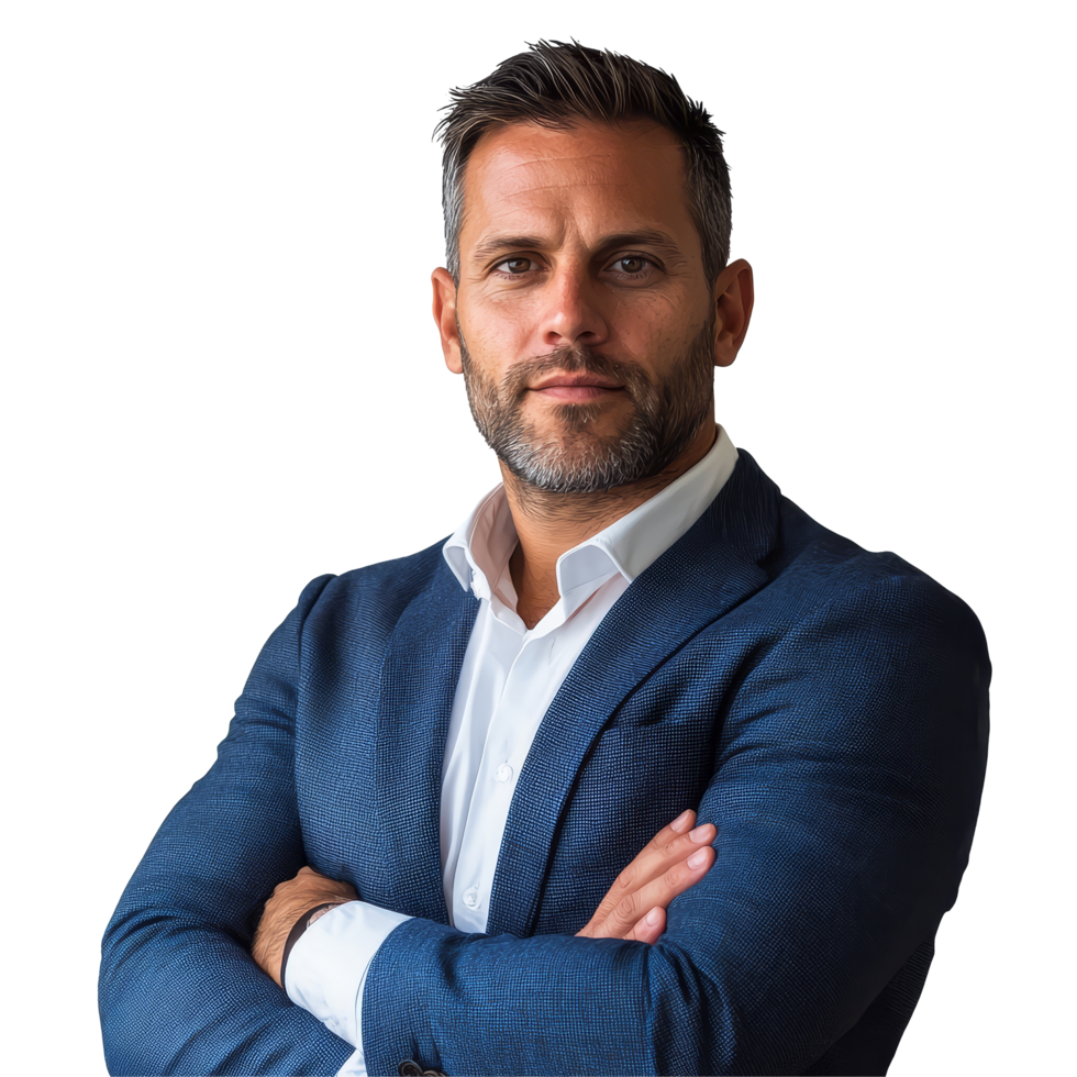 Confident businessman posing in a professional suit with arms crossed against a plain background, file no background Confident corporate businessman posing with arms crossed png