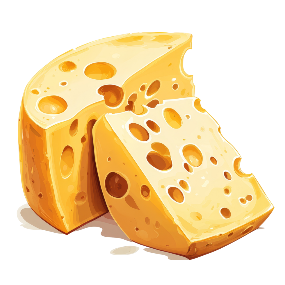 Illustration of yellow cheese wedge and slice on a transparent background showcasing texture and detail, illustration of cheese isolated on transparent background png