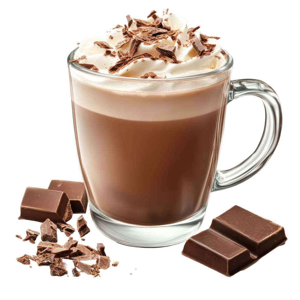Delicious creamy hot chocolate topped with whipped cream and chocolate shavings on a transparent background, Delicious creamy hot chocolate on transparent background png