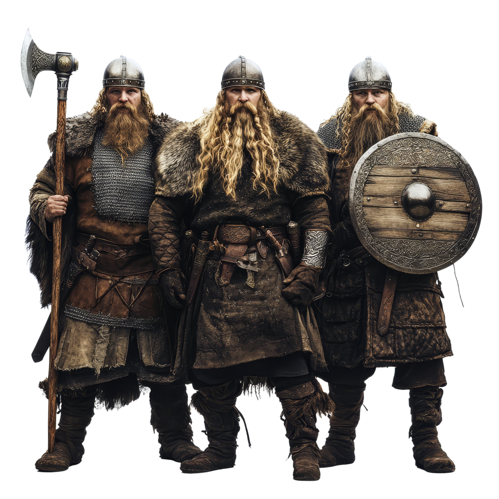Viking warriors in traditional gear show off their battle attire and weapons against a transparent background, Viking Warriors in Traditional Gear on transparent background png