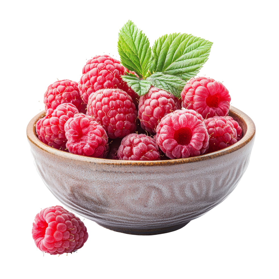 Fresh raspberries in a rustic bowl isolated against a clean transparent background showcasing vibrant colors and textures, Fresh Raspberries in a Bowl Isolated on transparent background png