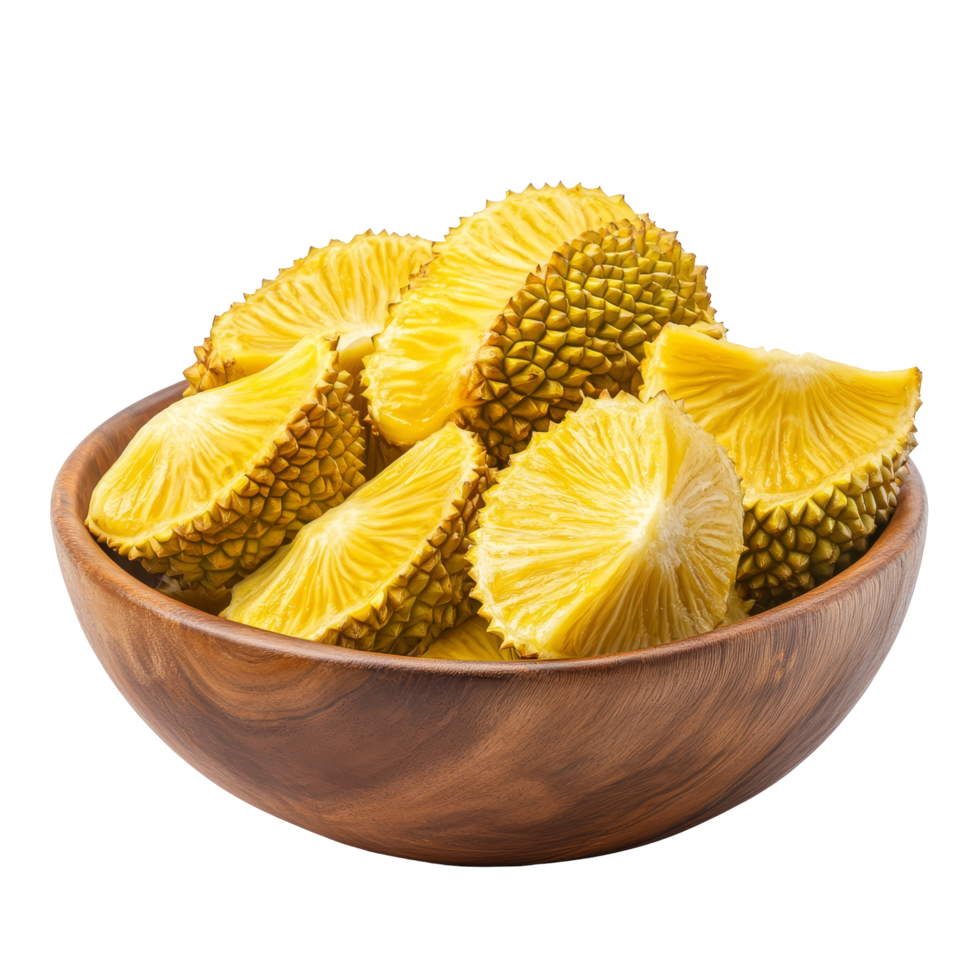 Fresh jackfruit slices arranged beautifully in a wooden bowl, perfect for healthy snacking on a bright background, Jackfruit in wood bowl isolated on transparent background png