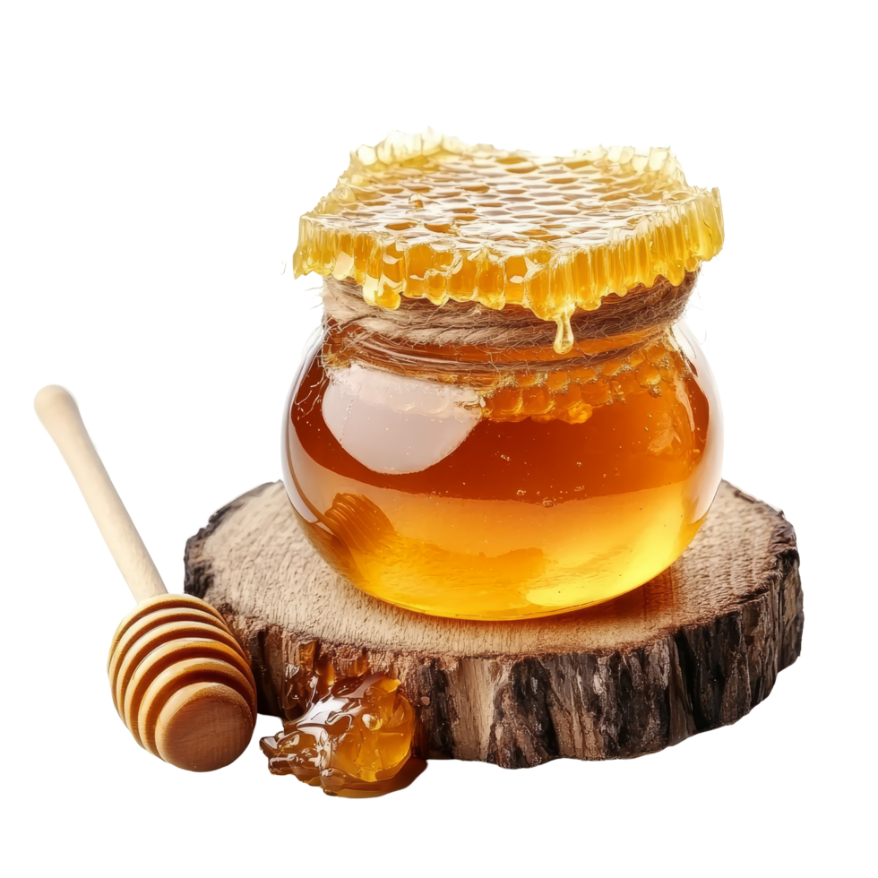 Sweet golden honey in a jar with a honey dipper on a wooden slice isolated on a transparent background, Sweet honey isolated on transparent background png