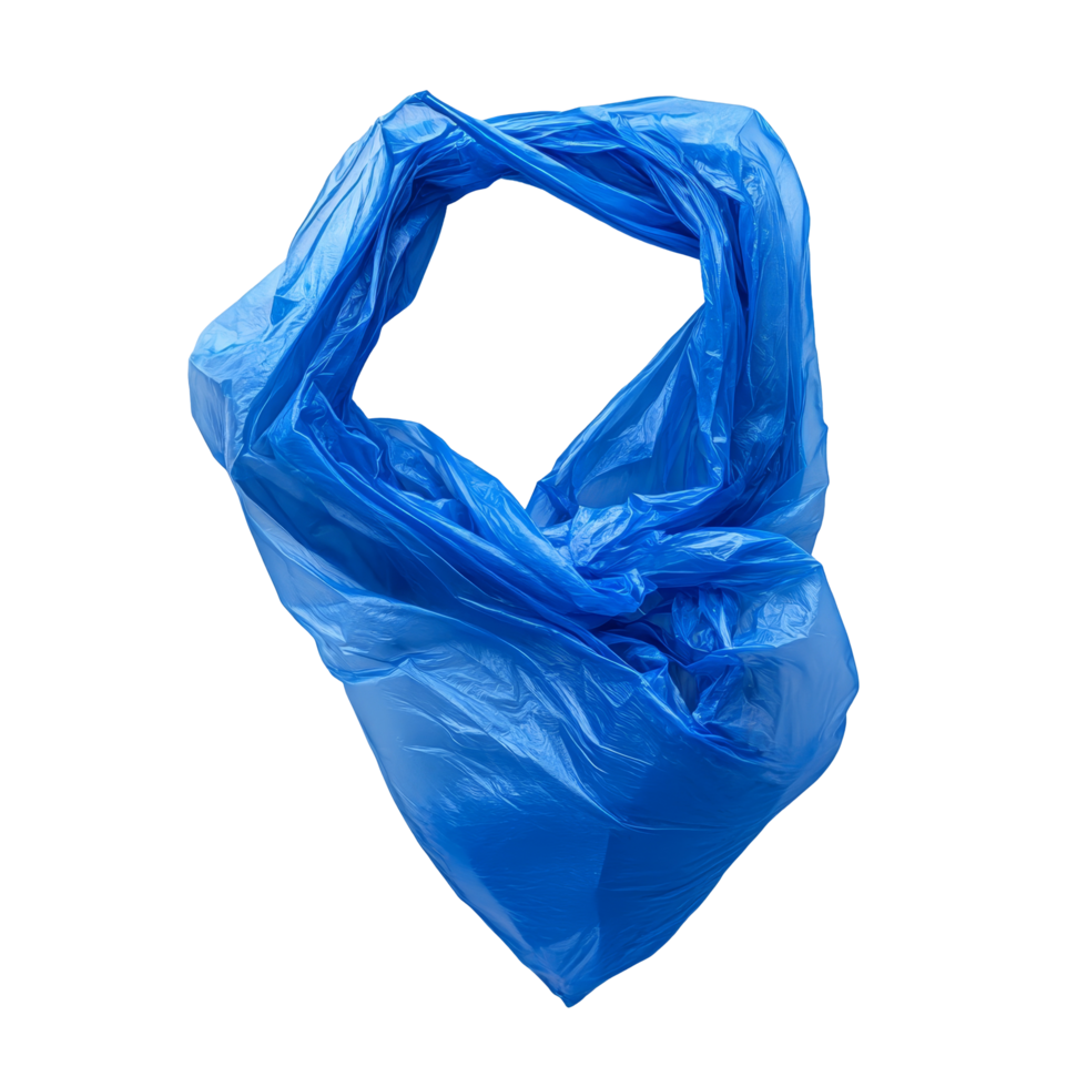 A blue plastic bag on a transparent backdrop highlights its unique shape and texture, blue plastic bag on transparent background png