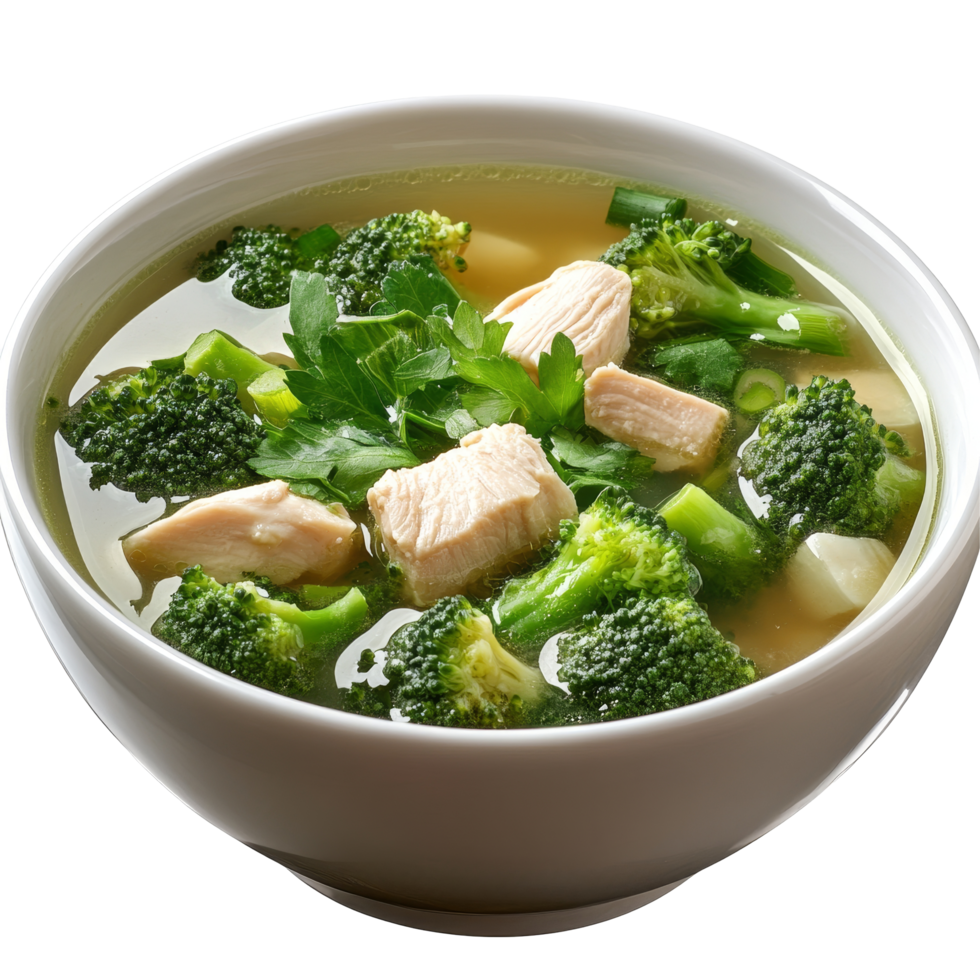 caloroso frango sopa com fresco brócolis e ervas, servido dentro uma transparente tigela, perfeito para uma acolhedor refeição, parte do frango sopa com brócolis png