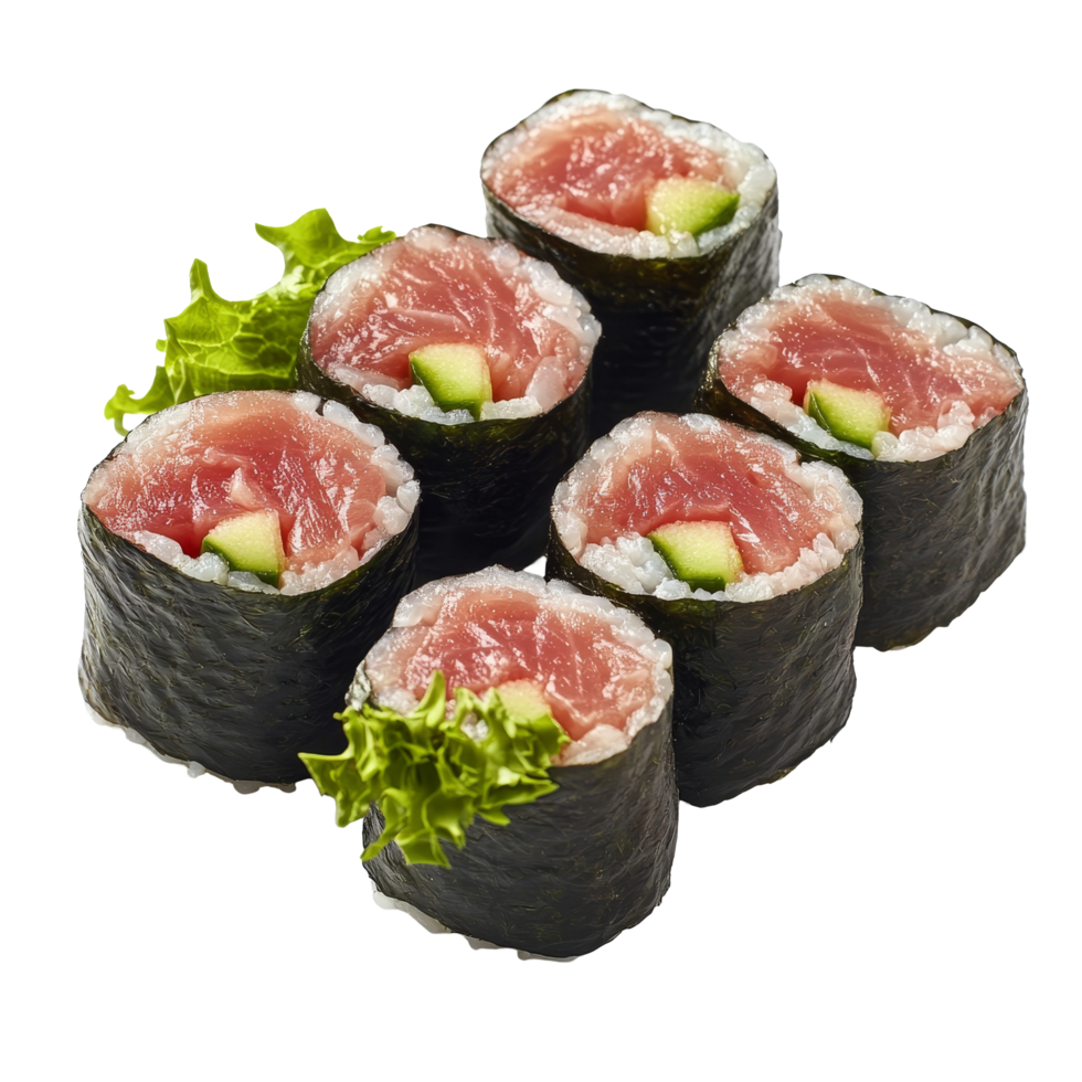 Delicious uncut tuna maki sushi rolls arranged with fresh lettuce on a transparent background, Isolated uncut tuna maki sushi rolls png