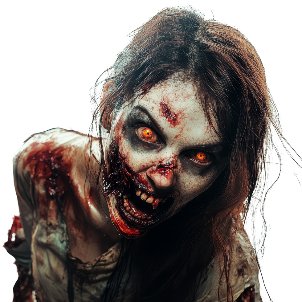 A terrifying female zombie with glowing eyes and decayed features poses against a stark transparent background, Terrifying Female Zombie on transparent background png