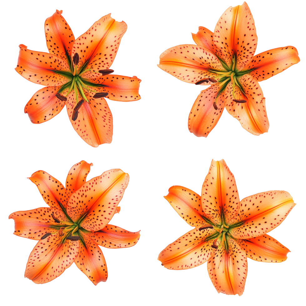 Top view of a vibrant single tiger lily flower showcasing intricate details and bold orange hues in natural lighting, Single tiger lily flower top view isolated on transparent background png
