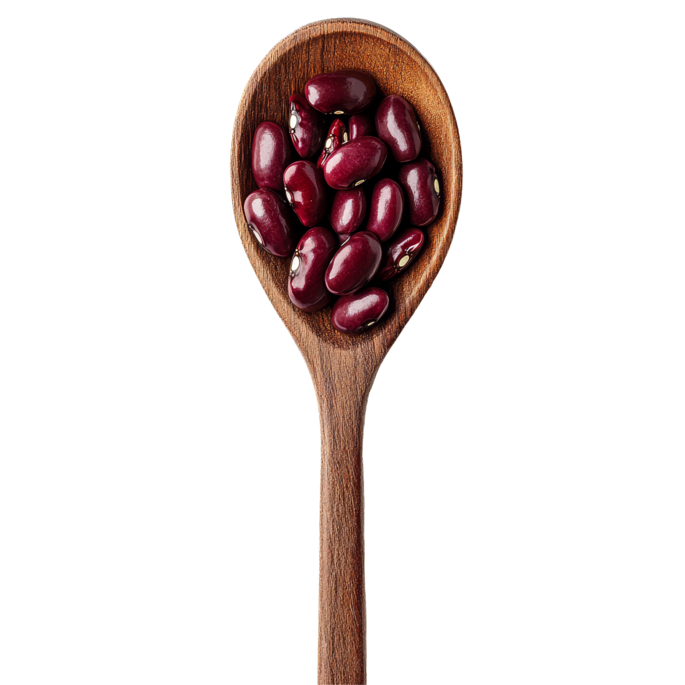 Red beans in a wooden spoon resting on a transparent background, showcasing natural food ingredients for cooking, Red beans in wooden spoon isolated on transparent background png