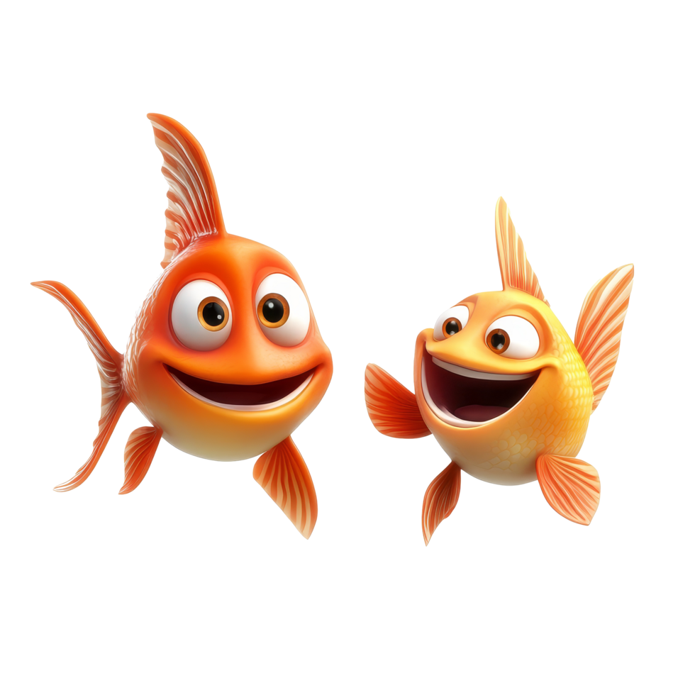 Two animated fish characters leap in the air, displaying cheerful expressions, Funny 3D Cartoon Fish Characters on transparent background png