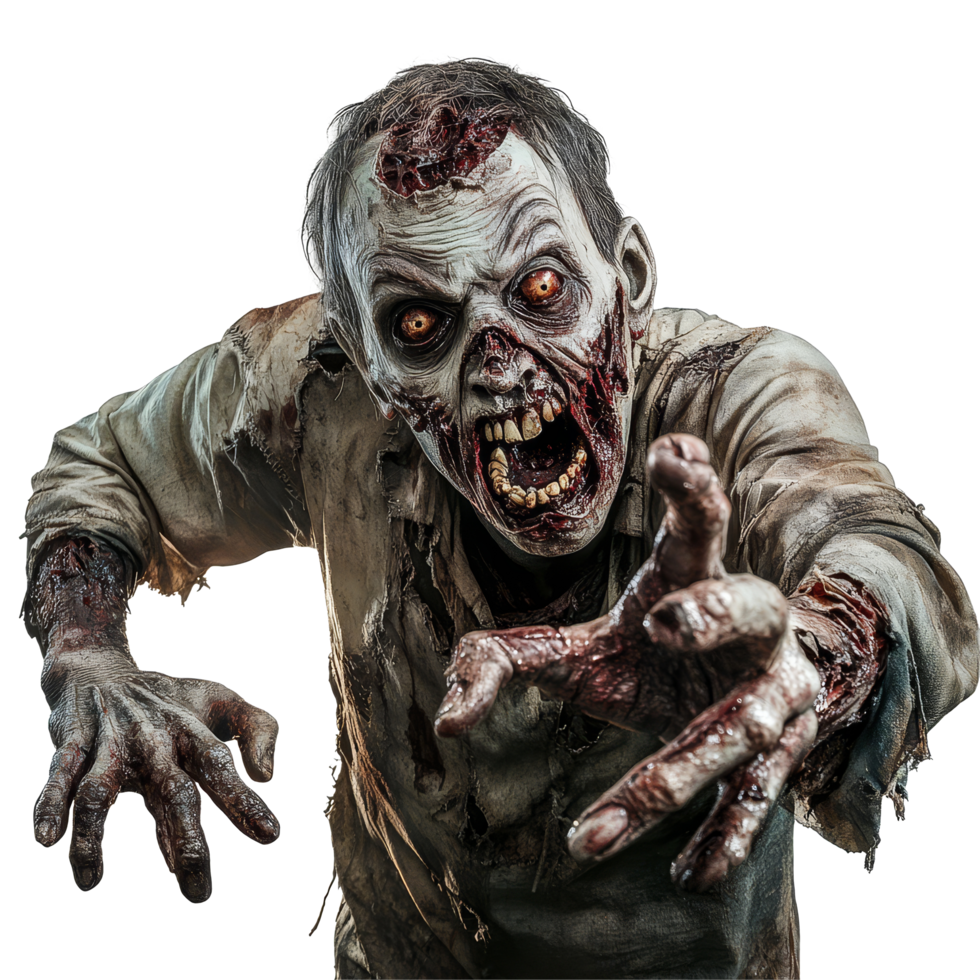 Scary zombie with tattered clothing reaching out against a stark transparent background, Scary Zombie isolates on transparent background png