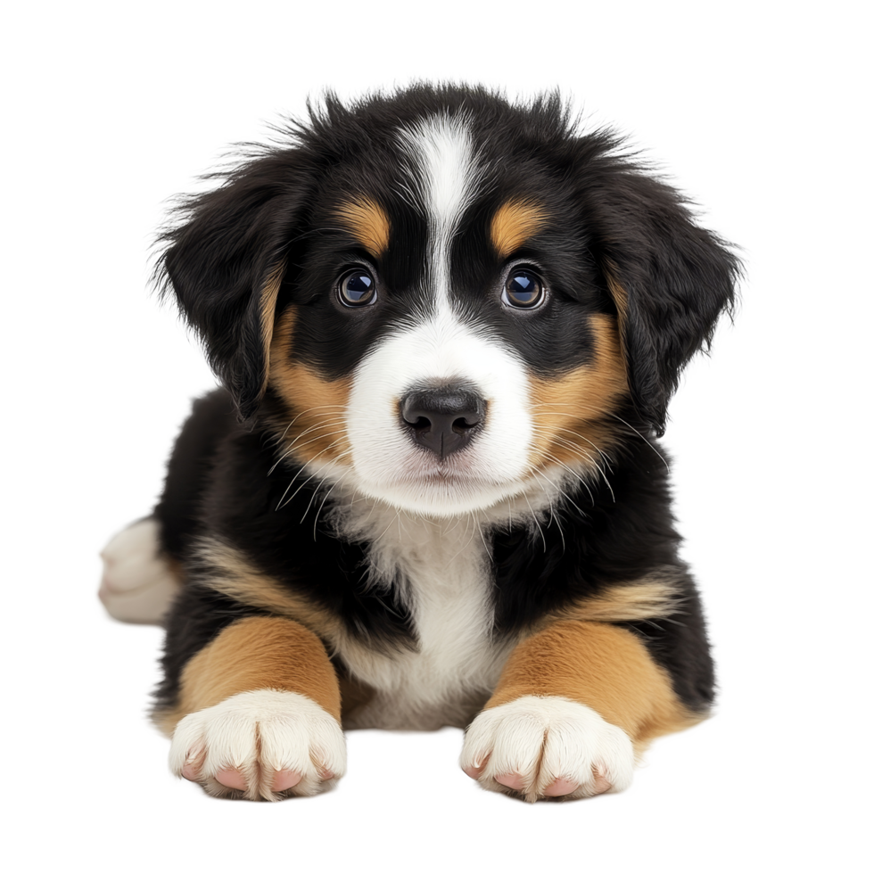Adorable puppy with striking coat and enchanting eyes relaxing on soft transparent surface in a welllit environment, Cute puppy on transparent background png