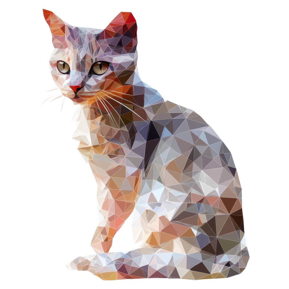 Geometric polygonal cat design on a transparent background showcasing vibrant colors and artistic shapes, Polygonal cat on transparent background. Geometric polygonal cat transparent background png