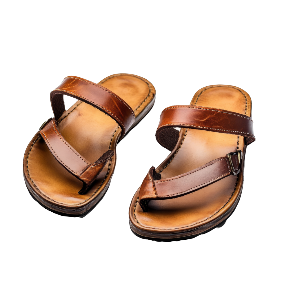 Stylish brown tan leather sandals designed for comfort and durability, perfect for sunny days and casual outings, Sandals made of browntan leather isolated on a transparent background png