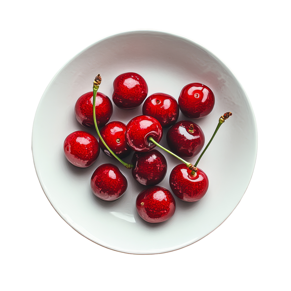 Fresh cherries harvested and arranged in a simple transparent plate against a clean transparent background, Cherry in a plate isolated on transparent background png