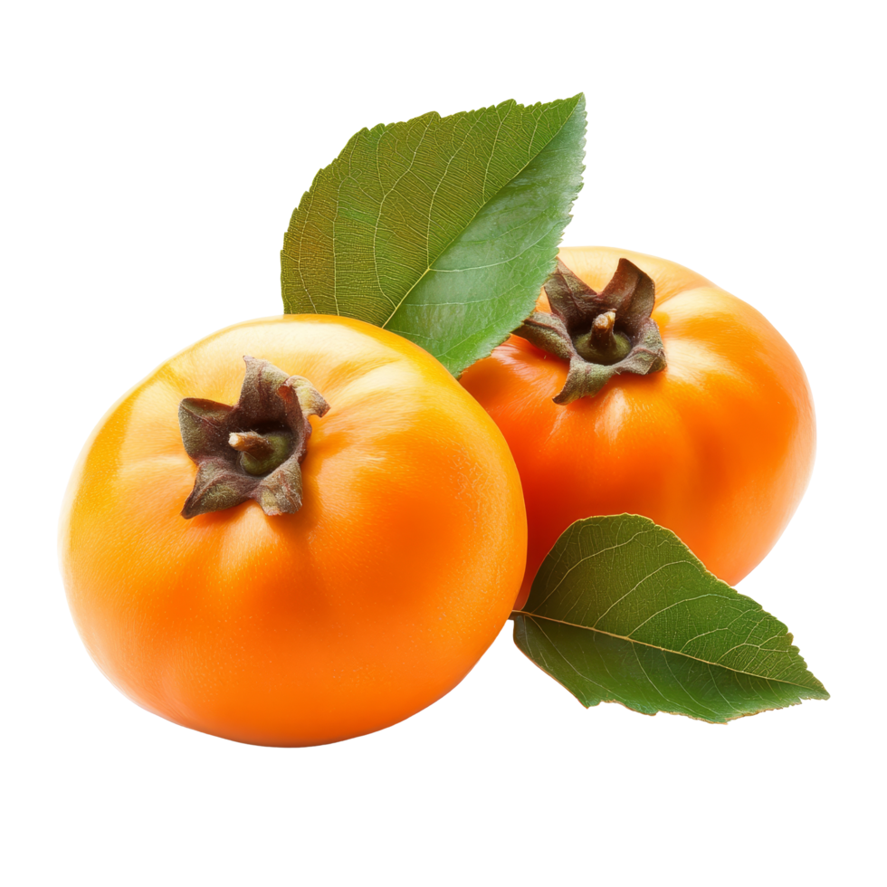 Half ripe persimmons with fresh green leaves isolated against a clean transparent background, half ripe persimmons with leaf isolated on transparent background png