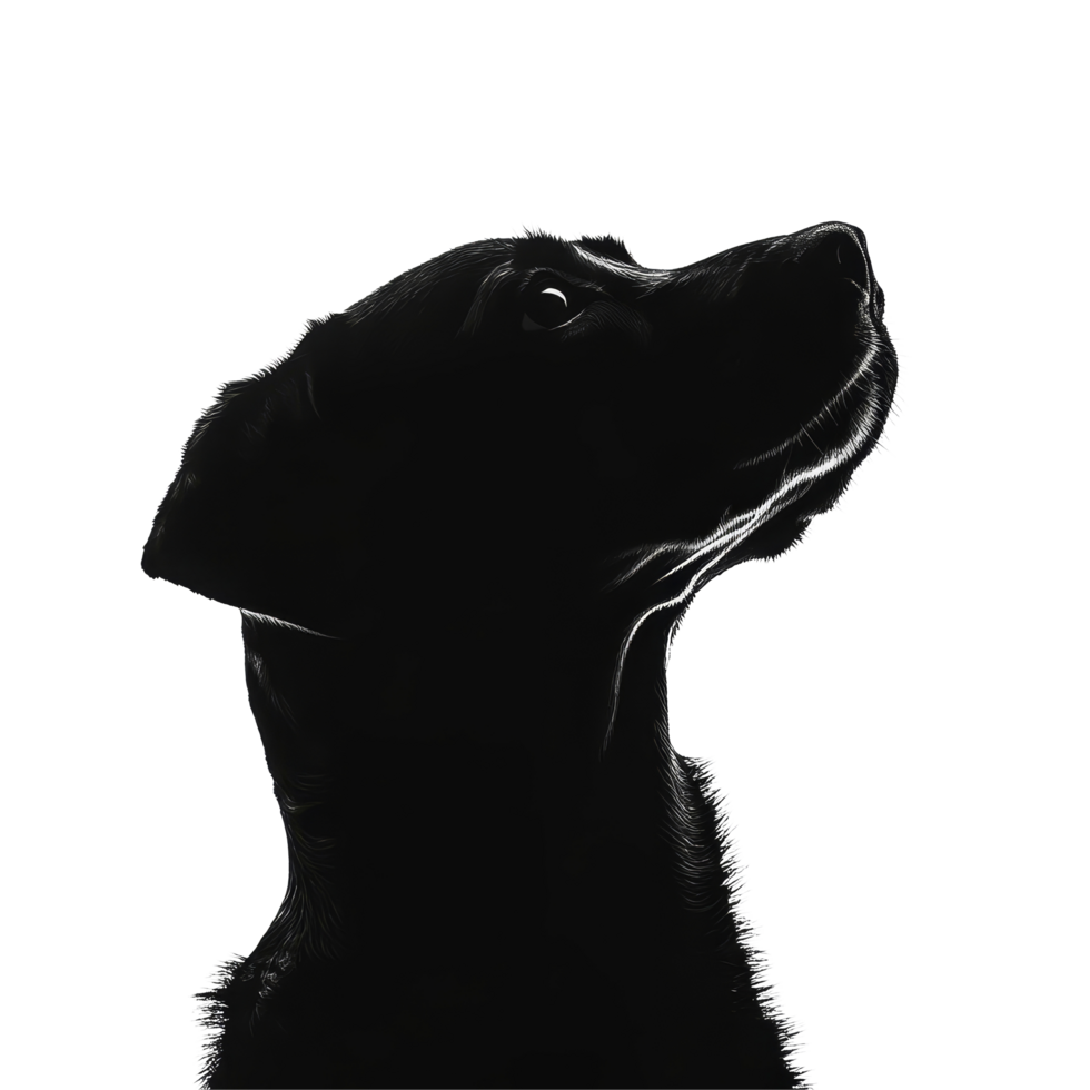 Silhouette of a dogs head against a bright background showcasing its distinct features and curious expression, dog silhouette png