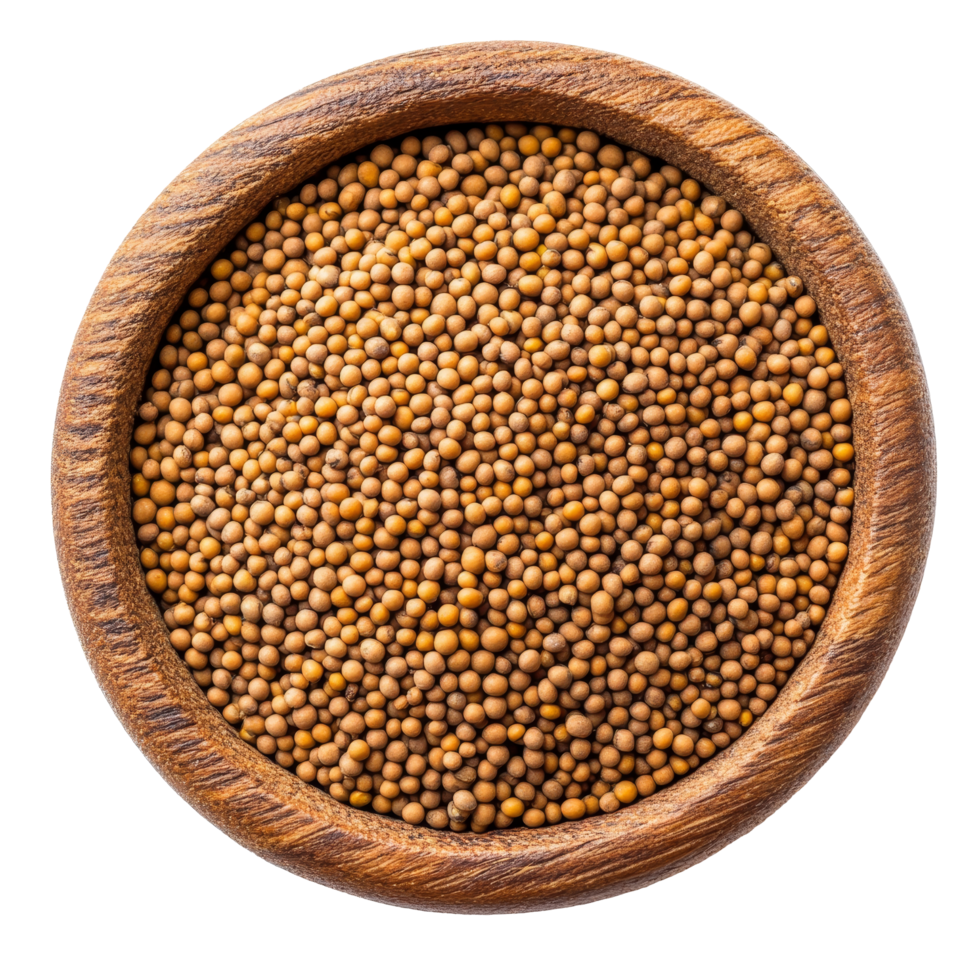 Mustard seeds in a wooden bowl on a clean transparent background for culinary use and spice preparation, mustard seeds in wood bowl isolated on transparent background png